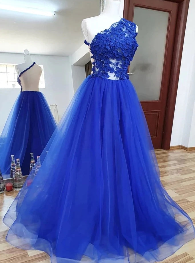 Royal Blue Tulle One Shoulder Appliques Prom Dress