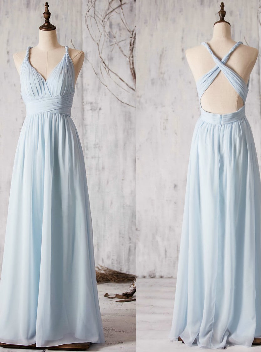 Ruched Plunge V Floor Length Chiffon Bridesmaid Dress Featuring Criss-cross Open Back