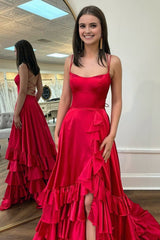 Scoop Neck A Line Lace-Up Ruffle Tiered Red Prom Dress with Slit