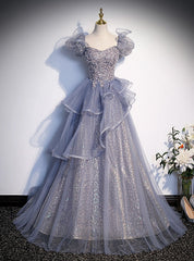 Sequins Tulle Puff Sleeve Beading Prom Dress