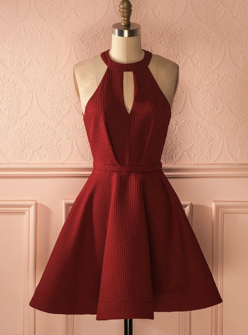 Sexy A-Line Halter Open-Back Burgundy Short Homecoming Dress With Pleats