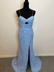 Sexy Blue Mermaid Sequins Spaghetti Straps prom Dress