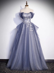 Sexy Blue Tulle Off the Shoulder Sequins Beading Prom Dress