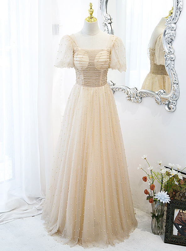 Sexy Champagne Tulle Pearls Puff Sleeve Prom Dress