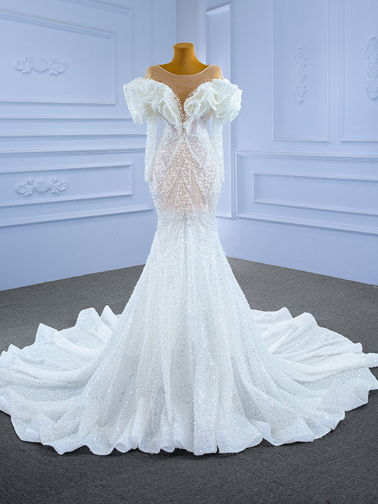 Sexy Mermaid Sequins Pearls Long Sleeve Wedding Dress