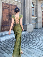 Sexy Mermaid V Neckline Short Sleeves Lace Green Floor Length Evening Dress Prom Dresses