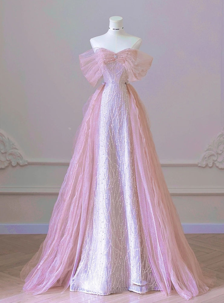 Sexy Pink Mermaid Tulle Sequins Off the Shoulder Prom Dress