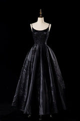 Sexy Satin Spaghetti Strap Black Wedding Gown A Line Party Evening Dress Formal Prom Dress