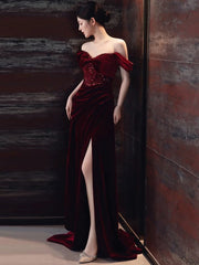 Sexy Sheath Off The Shoulder Burgundy Velvet Floor Length Evening Dress Prom Dresses