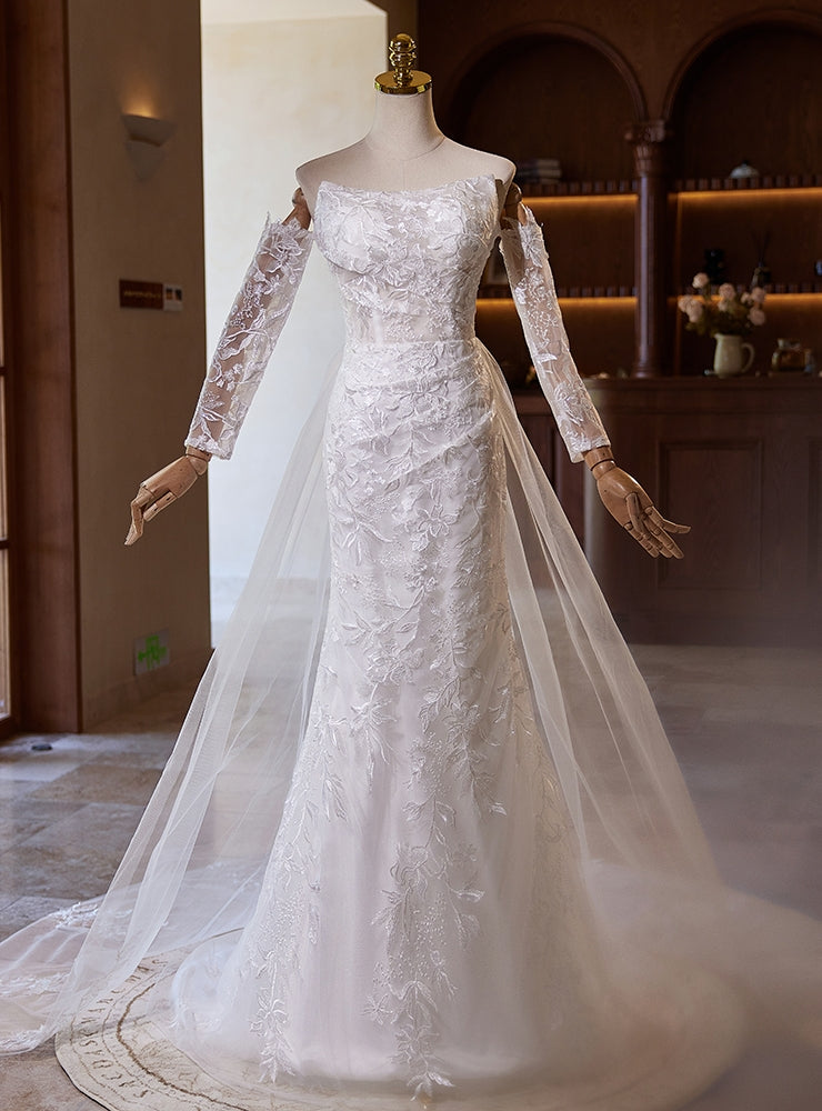 Sexy White Mermaid Lace Tulle Long Sleeve Wedding Dress