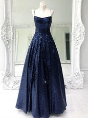 Shiny A Line Open Back Navy Blue Long Formal Evening Dress