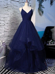 Shiny Dark Navy Long A-line V Neck Fluffy Tulle Prom Formal Evening Dresses