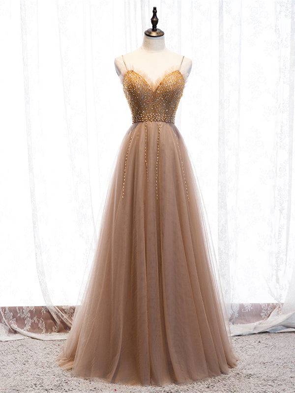 Shop Champagne Tulle Beading Spaghetti Straps Floor Length Prom Dress