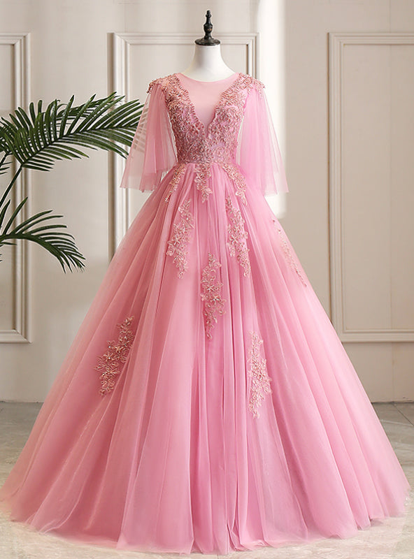 Shop Online Pink Ball Gown Tulle Appliques Beading Short Sleeve Quinceanera Dress