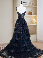 A-Line Tulle Sequin Black Long Prom Dress, Black Sequin Long Formal Dress