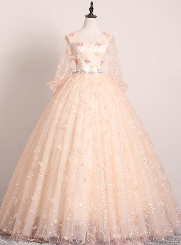 Shops Around The World Champagne Pink Ball Gown Tulle V-neck Long Sleeve Flower Quinceanera Dress