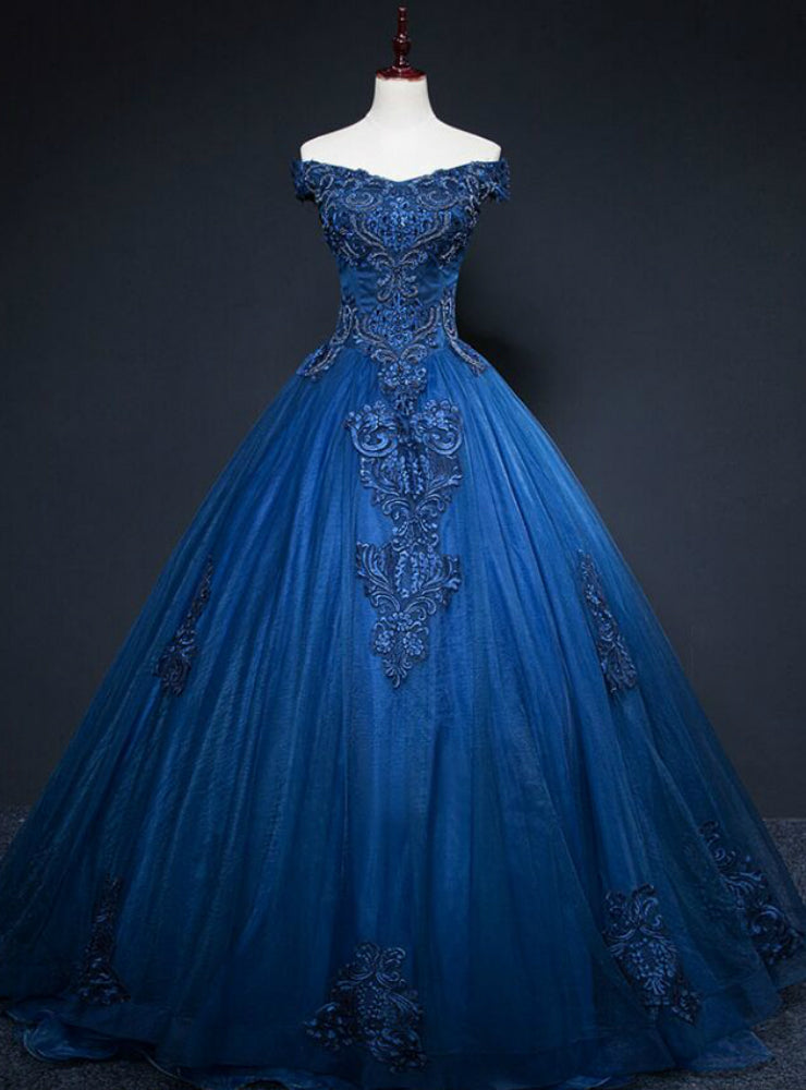 Shops Around The World Navy Blue Tulle Appliques Off the Shoulder Beading Quinceanera Dress