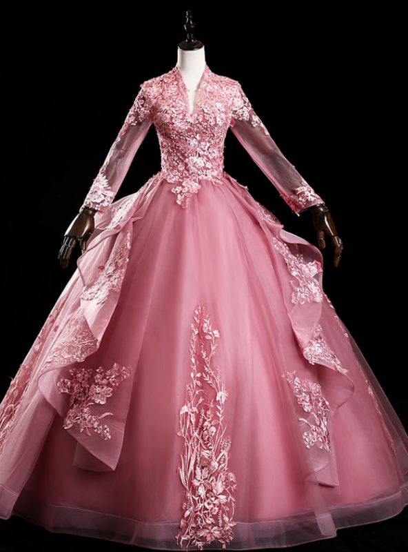 Shops Around The World Pink Ball Gown Tulle Appliques Long Sleeve Backless Quinceanera Dress