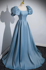 Short Blue Satin Long Prom Dresses, Short Blue Satin Long Formal Evening Dresses