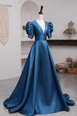 Short Sleeves Peacock Blue Long Prom Dresses, Peacock Blue Long Formal Evening Dresses