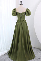 Short Sleeves Scoop Neck Dark Green Satin Prom Dresses, Short Sleeves Green Formal Evening Dresses