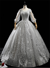 Silver Gray Tulle Appliques Long Sleeve Beading Quinceanera Dress