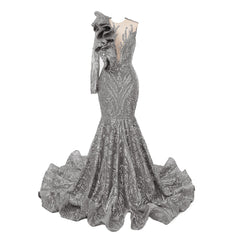 Silver Mermaid One Sleeve Prom Dresses Sequined Lace Jewel Ruffles Evening Party Dress with Appliques