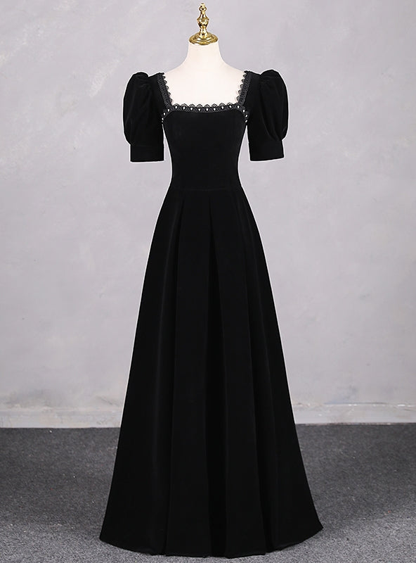 Simple Black Velvet Short Sleeve Square Neck Prom Dress