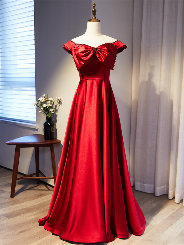 Simple Burgundy Satin Off the Shoulder Bow Prom Dress