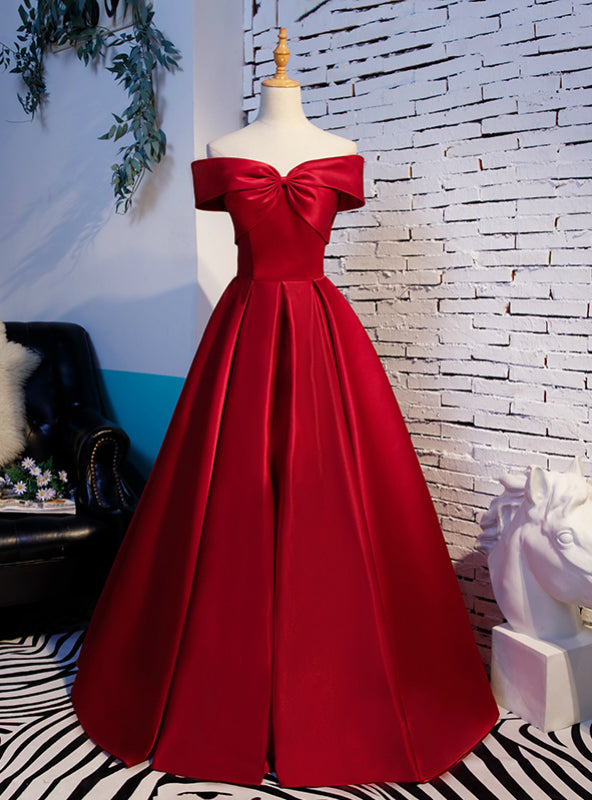 Simple Burgundy Satin Off the Shoulder Prom Dress