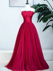 Simple Burgundy Satin Tulle Strapless Pleats Prom Dress