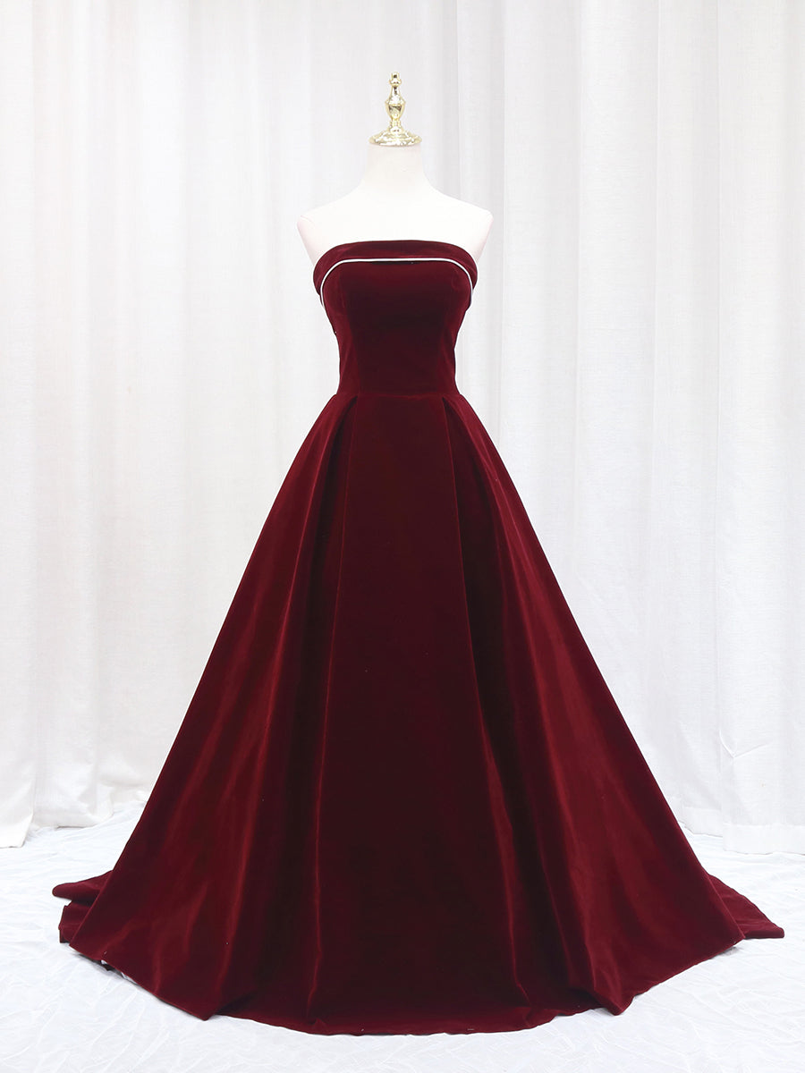 Simple Burgundy Velvet Strapless Prom Dress