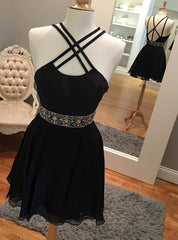 Simple Cute Black Chiffon Homecoming Dress with Beads Sash