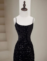 Simple Mermaid Velvet Sequin Black Long Prom Dress, Black Long Evening Dress