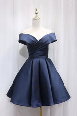 Simple Satin Short Prom Dress, Off Shoulder Blue Party Dress