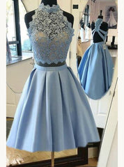 Sky Blue Halter Satin Two Piece Open Back Homecoming Dresses