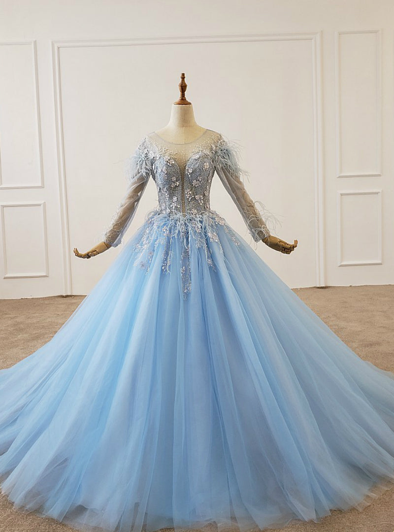 Sky Blue Tulle Long Sleeve Backless Appliques Beading Wedding Dress