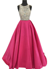 Sparkly Beaded Crystals Hot Pink Satin Backless Prom Dress