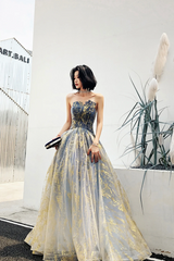 Stijlvolle tule-pailletten lange prom-jurk, A-line strapless avondfeestjurk