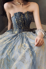 Stijlvolle tule-pailletten lange prom-jurk, A-line strapless avondfeestjurk