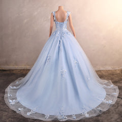 Sweet 16 Corset Tie Back Ball Gown Light Blue Quinceanera Dresses Train Sleeveless Sweetheart Tulle Cowl Back with Pearls Appliques