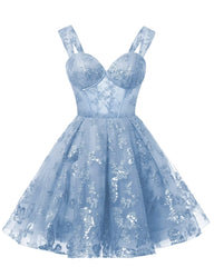 Teens Sparkly Tulle Light Blue Homecoming Dresses Spaghetti Straps Short Cocktail Party Prom Dress