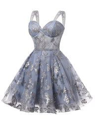 Teens Sparkly Tulle Light Blue Homecoming Dresses Spaghetti Straps Short Cocktail Party Prom Dress