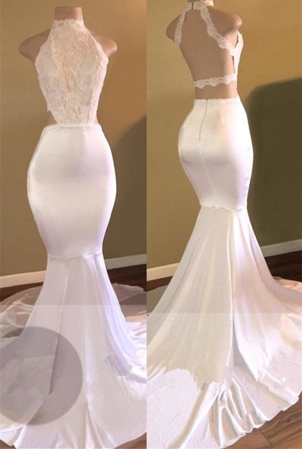 Trendy White Mermaid High-Neck Sleeveless Prom Party Gowns