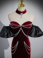 Trumpet/Mermaid Velvet Burgundy Long Prom Dress with Beads