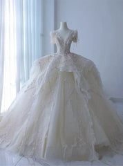 Tulle Lace V-neck Short Sleeve Beading Wedding Dress