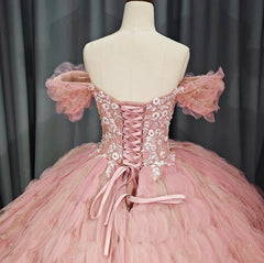 Tulle Tufted Pink Floral Quincea?era Ball Gown Dress