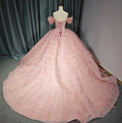 Tulle Tufted Pink Floral Quincea?era Ball Gown Dress