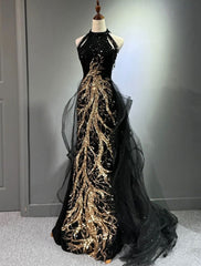 Black Gold Embroidered A-Line Prom Dresses Glittering Dress Formal Floor Length Sleeveless High Neck Sequined with Glitter Tassel