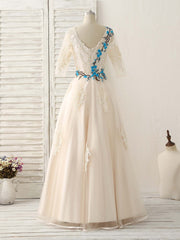 Unique Lace Applique Tulle Long Prom Dress Light Champagne Bridesmaid Dress